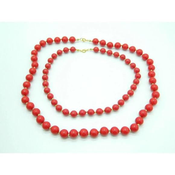 Red Acrylic Bead Beaded Gold Tone Set of Two Vintage Choker Necklaces - Picture 1 of 5